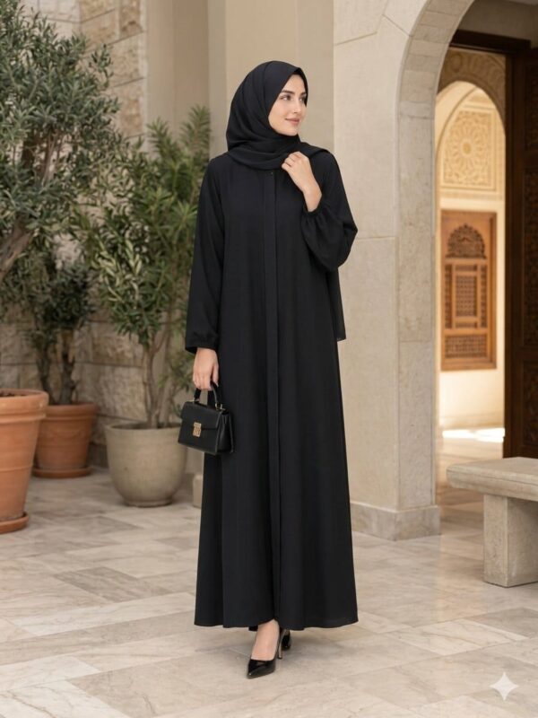 Black Front Placket Abaya with Gathered Cuff Sleeves & Matching Hijab