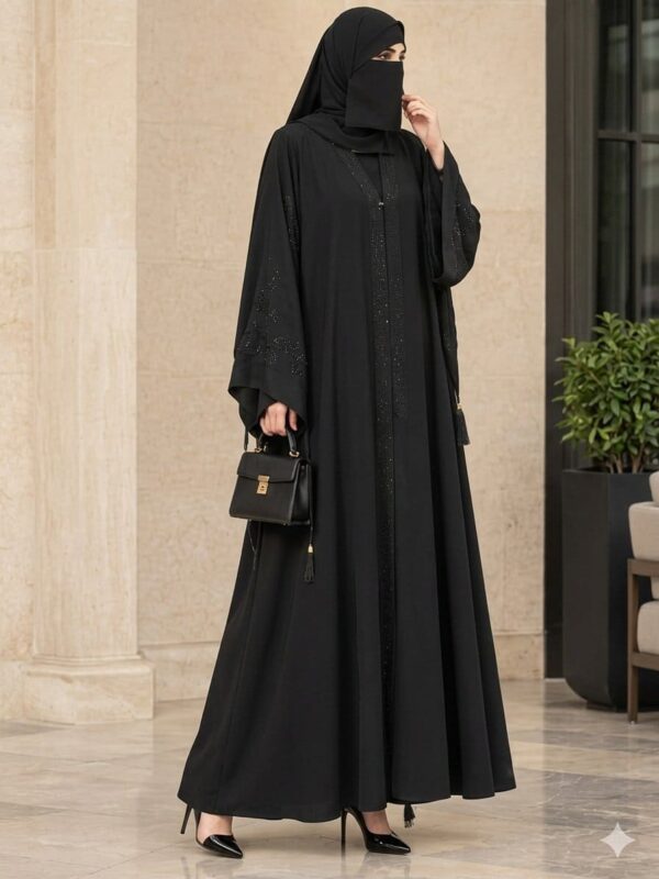 Black Open Front Abaya with Stone Work – Wide Sleeves & Tassel Detail
