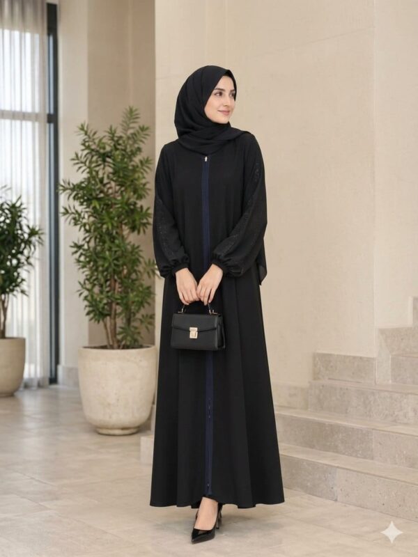 Black Zipper Front Abaya with Navy Trim & Stone Work Balloon Sleeves