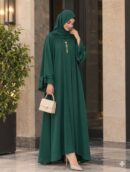 Bottle Green Open Front Abaya with Tie-Bow Sleeves & Golden Pendant
