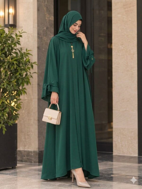 Bottle Green Open Front Abaya with Tie-Bow Sleeves & Golden Pendant