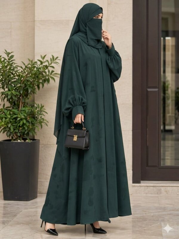 Emerald Green Open Front Abaya with Balloon Sleeves – Textured Fabric