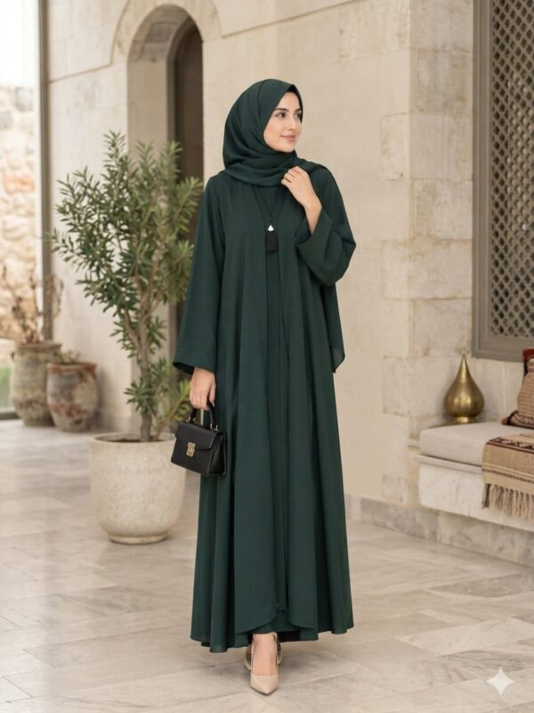 Hunter Green Open Front Abaya with Tassel Pendant & Matching Hijab