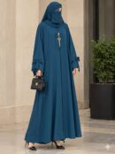 Teal Blue Open Front Abaya with Bow Sleeves & Golden Tassel Detail