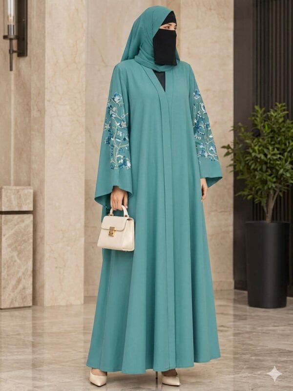 Turquoise Open Front Abaya with Blue Floral Sequin Embroidered Sleeves
