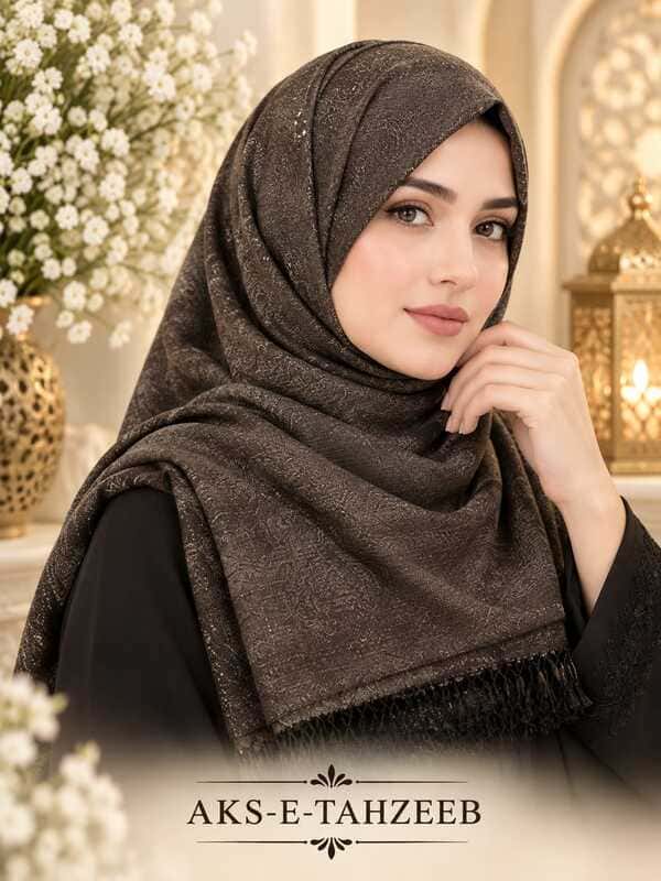 Dark Espresso Brown Jacquard Hijab – Golden Shimmer Threads & Fringe Edges