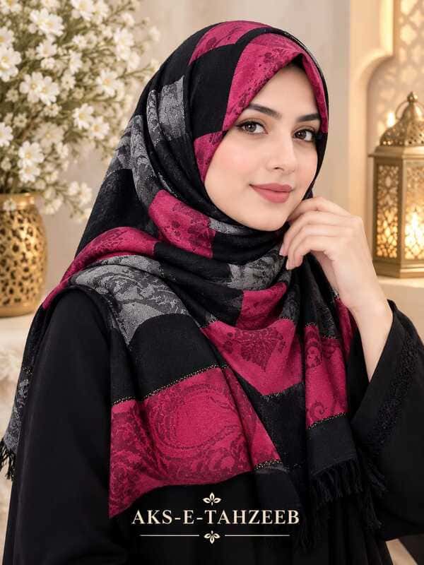 Black Jacquard Hijab – Magenta & Grey Block Panels with Golden Edge Lines & Fringe Ends