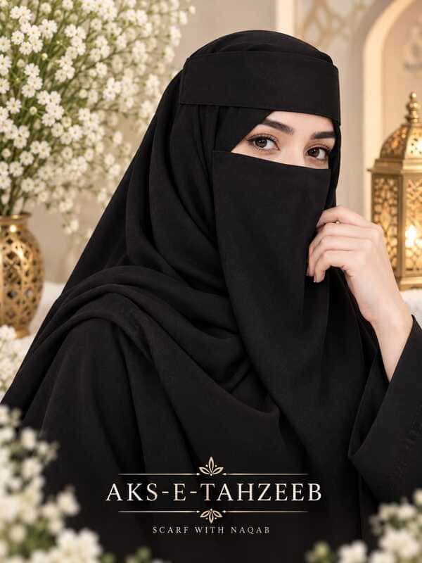 Black Scarf with Naqab – Soft Matte Finish, Eye-Slit Face Veil & Full Coverage Drape