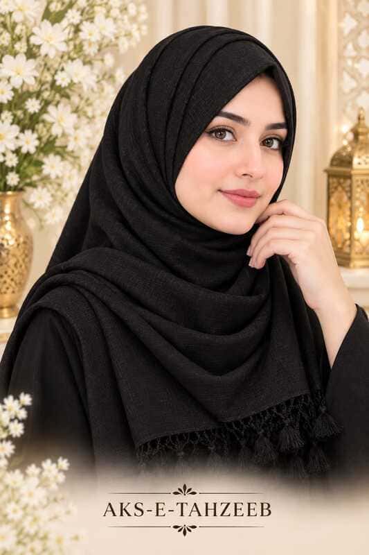 Black Textured Weave Hijab – Soft Linen-Look Finish & Tassel Lace Edges