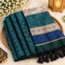 Emerald Green Jacquard Hijab – Royal Blue & Silver Borders with Golden Lurex Stripes & Tassel Ends