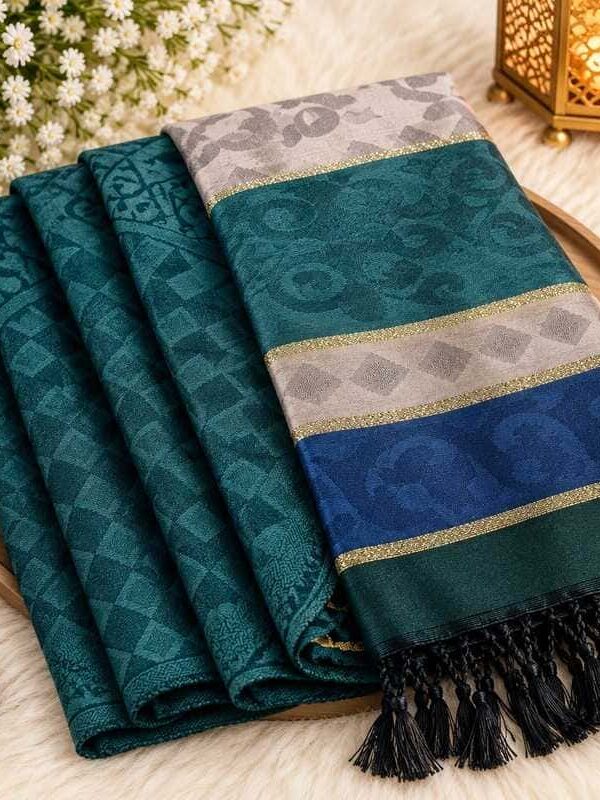 Emerald Green Jacquard Hijab – Royal Blue & Silver Borders with Golden Lurex Stripes & Tassel Ends