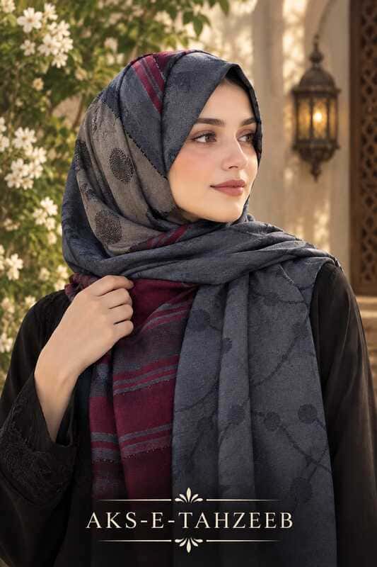 Charcoal Grey Jacquard Hijab – Maroon Striped Borders & Floral Circle Motifs